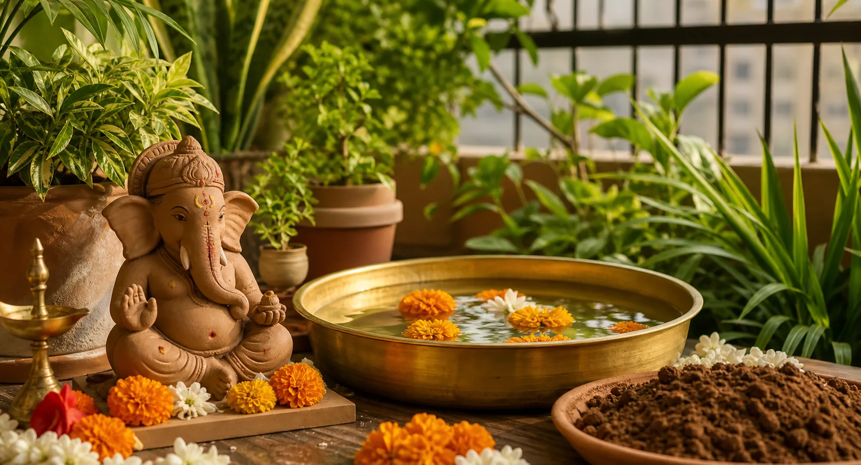 Home visarjan setup with plants and clay Ganpati idol